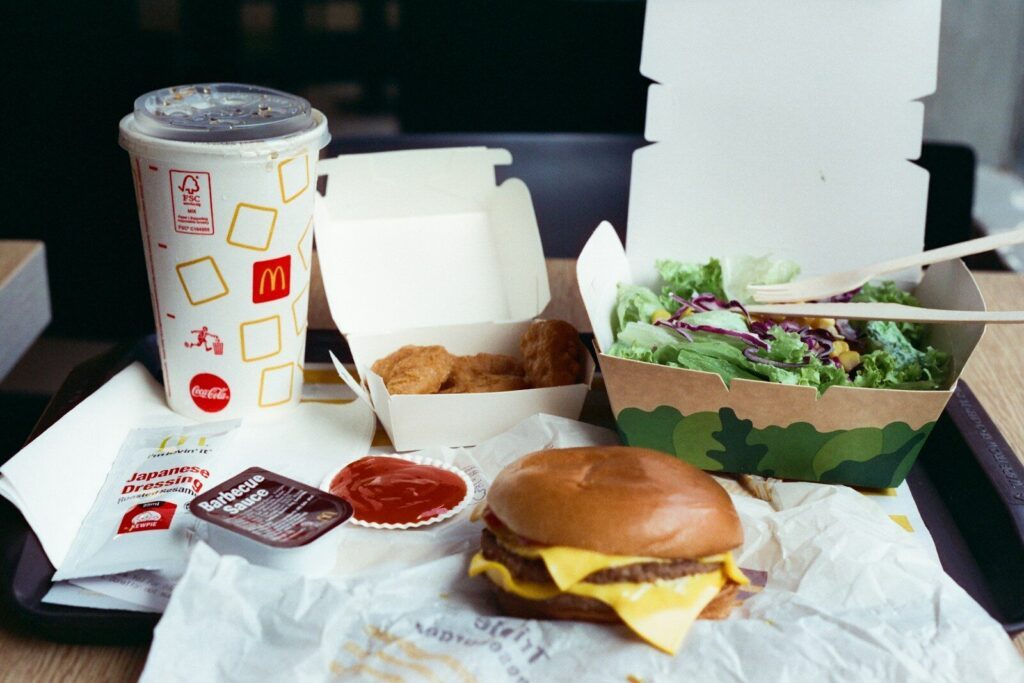 A mcdonald's meal with various food items.